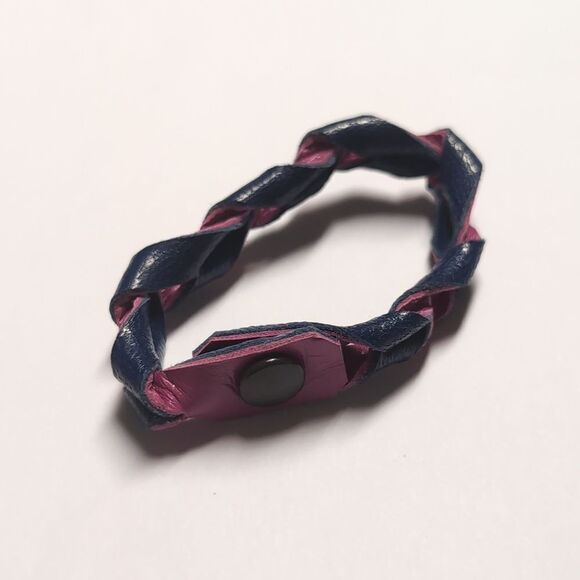 87 Navy Blue and Pink Twisted Leather Cuff Bracelet with Snap Button - Picture 2 of 5
